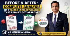 Before and after Mudra Loan application analysis showing rejected vs approved application with CA Manish Gugliya explaining key improvements for successful Mudra Loan approval