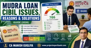 Mudra Loan CIBIL Issues, Reasons & Solutions Guide 2026 by CA Manish Gugliya showing CIBIL score report, bank verification and Mudra Loan application