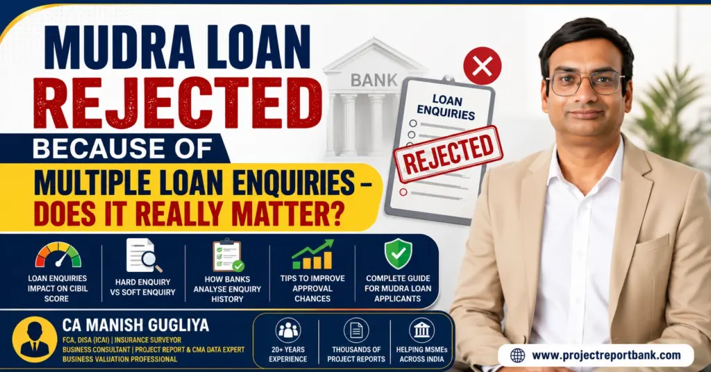 Mudra Loan rejected because of multiple loan enquiries explained by CA Manish Gugliya, showing the impact of hard enquiries vs soft enquiries on CIBIL score, bank loan approval process, and tips to improve Mudra Loan approval chances.