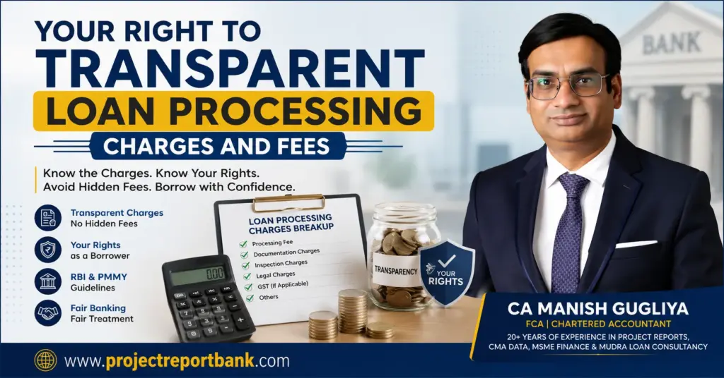 CA Manish Gugliya explaining Mudra Loan processing charges, transparent bank fees, borrower rights, and hidden charges under PMMY guidelines.