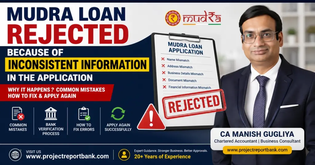 Mudra Loan rejected because of inconsistent information in the application explained by CA Manish Gugliya with common mistakes, bank verification process, document mismatch, and solutions to reapply successfully.