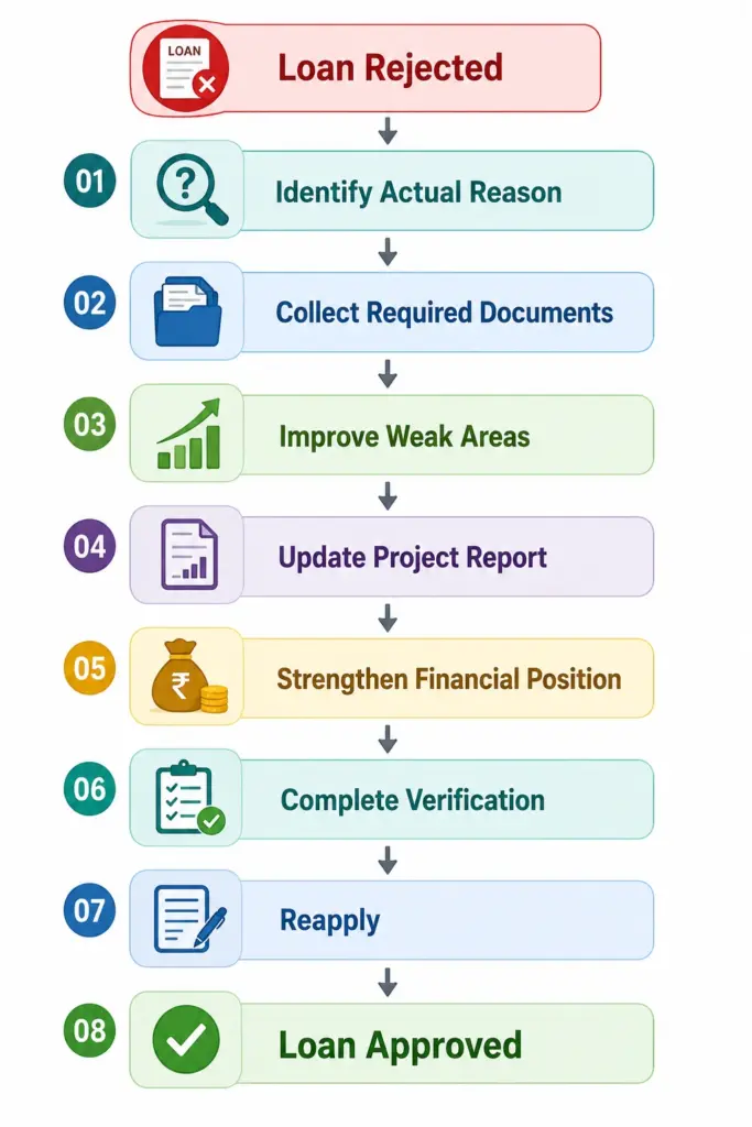 Mudra Loan rejection roadmap infographic showing the step-by-step process from loan rejection to final approval.