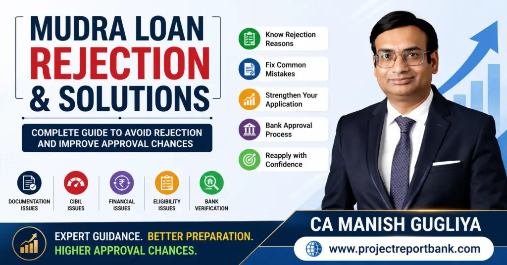 Mudra Loan Rejection & Solutions complete guide featuring CA Manish Gugliya with expert tips to improve Mudra Loan approval chances.