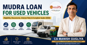 mudra loan used vehicles feature image 1200x628 1 Mudra Loan for Used Vehicles guide featuring CA Manish Gugliya with information on eligibility, documents, interest rates, loan approval process, and financing for used trucks, pickup vehicles, tempos, and auto rickshaws in India.