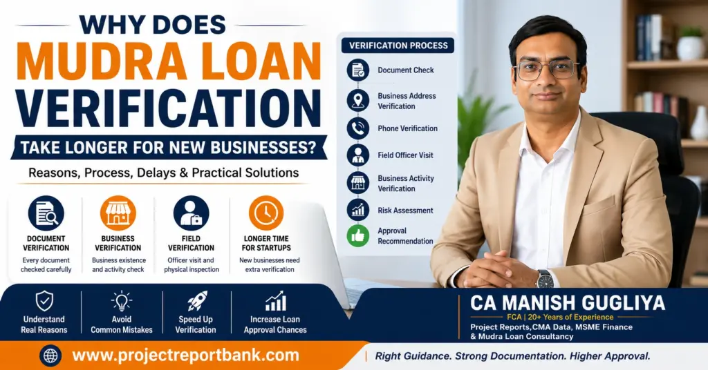 Feature image explaining why Mudra Loan verification takes longer for new businesses, featuring CA Manish Gugliya with the Mudra Loan verification process and practical solutions.