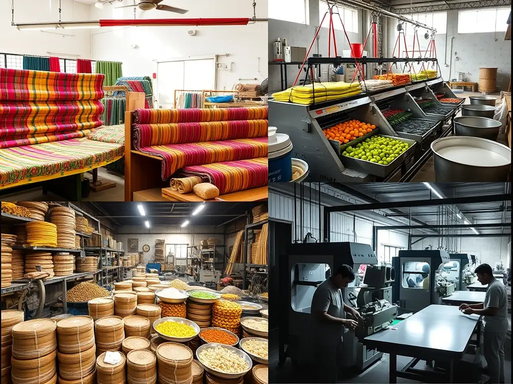 A collage of small business types in Kerala: a textile shop, a food processing unit, and a small manufacturing workshop, representing the variety of industries served by the consultancy.