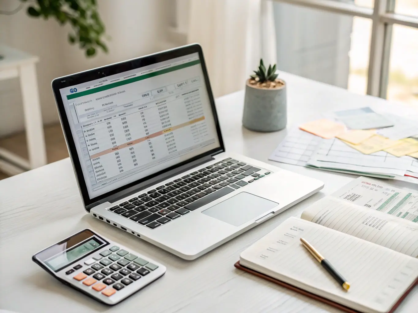 A professional workspace with a laptop, financial documents, and a cup of coffee, symbolizing remote expert consultancy for Mudra Loan Project Reports in Kerala, with a light and modern background.