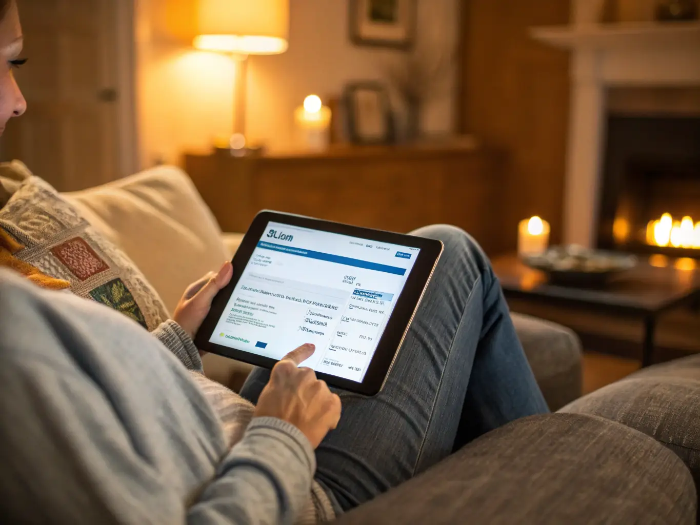 A person using a tablet at home, uploading documents online, representing the convenience of digital Mudra Loan Project Report services for clients across Kerala.