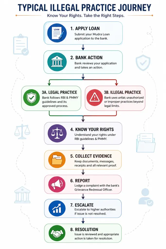 Typical Illegal Practice Journey in Mudra Loans infographic showing the process from loan application to resolution through rights awareness, evidence collection, complaint, and escalation.