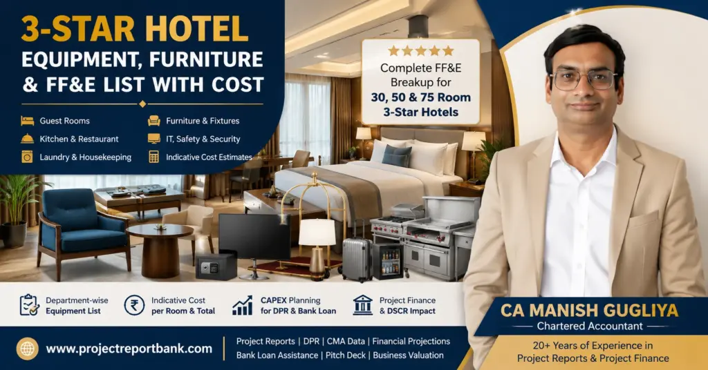 3-Star Hotel Equipment, Furniture & FF&E List with Cost for 30, 50 and 75 Room Hotels in India – CA Manish Gugliya