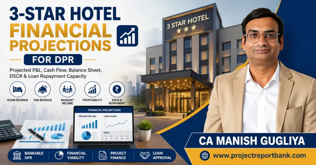 3-Star Hotel Financial Projections for DPR showing projected P&L, cash flow, DSCR, loan repayment capacity and CA Manish Gugliya.