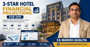 3-Star Hotel Financial Projections for DPR showing projected P&L, cash flow, DSCR, loan repayment capacity and CA Manish Gugliya.