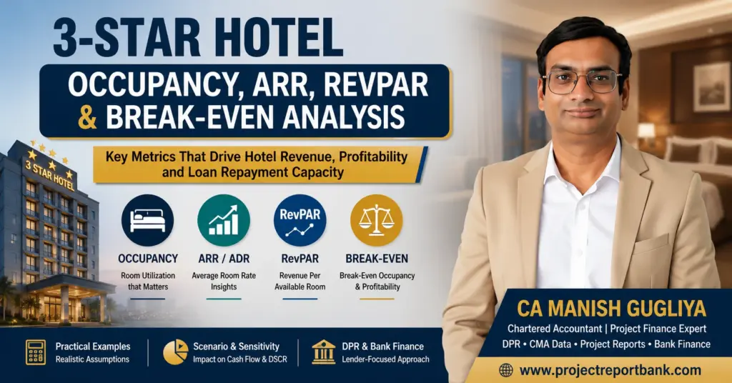 3-Star Hotel Occupancy, ARR, RevPAR and Break-Even Analysis by CA Manish Gugliya for hotel revenue, profitability and loan repayment capacity.