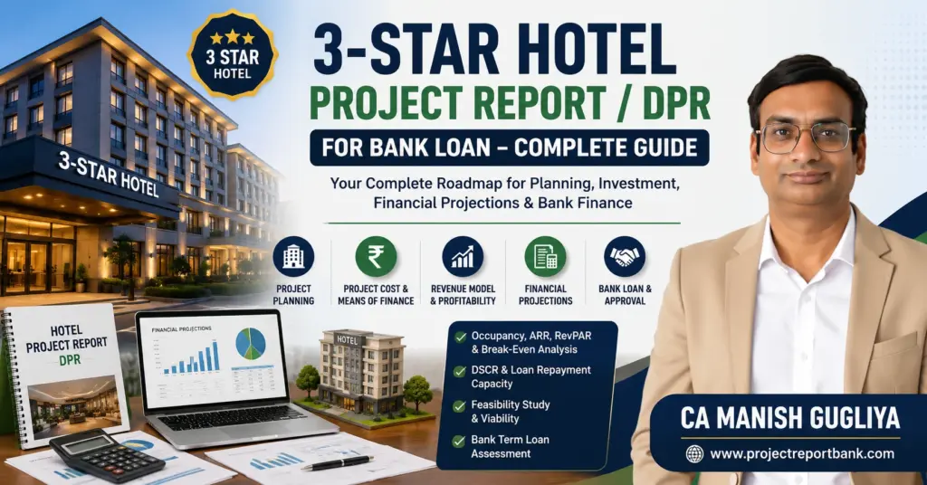 3-Star Hotel Project Report / DPR for Bank Loan complete guide by CA Manish Gugliya covering project cost, revenue, financial projections, feasibility and bank finance.