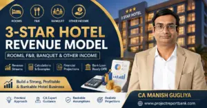 3-Star Hotel Revenue Model covering rooms, F&B, banquet and other income with financial projections by CA Manish Gugliya.