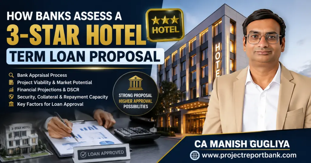 How banks assess a 3-star hotel term loan proposal, covering project viability, financial projections, DSCR, collateral and repayment capacity – CA Manish Gugliya.