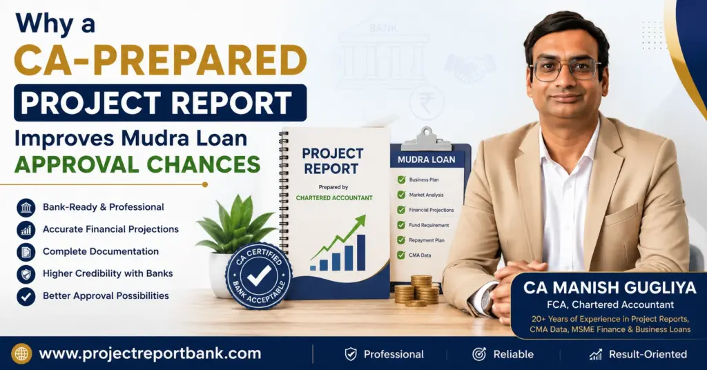 CA Manish Gugliya explaining how a CA-prepared project report improves Mudra loan approval chances with bank-ready financial projections, documentation, and professional business planning for MSME entrepreneurs.