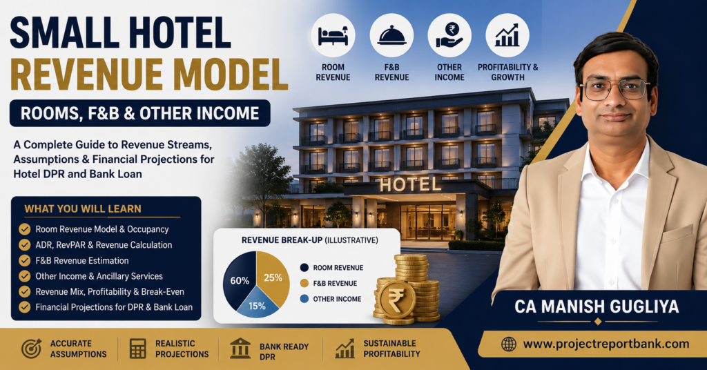 Small Hotel Revenue Model showing room revenue, F&B income, other hotel income, profitability and financial projections by CA Manish Gugliya.