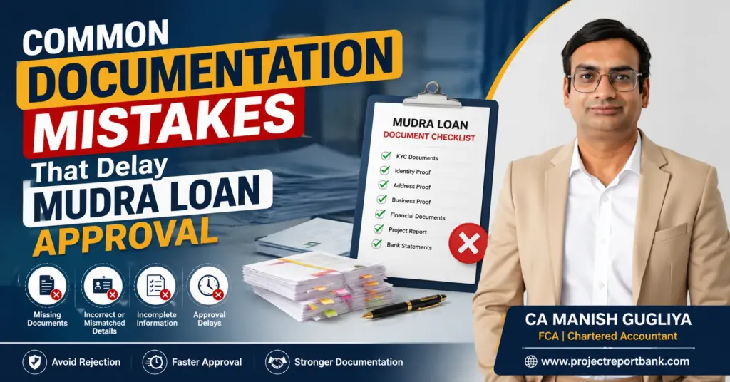 Common Documentation Mistakes Mudra Loan Feature Image Common documentation mistakes that delay Mudra Loan approval feature image with CA Manish Gugliya, Mudra Loan document checklist, business documents, project report, bank statements, and ProjectReportBank.com branding.