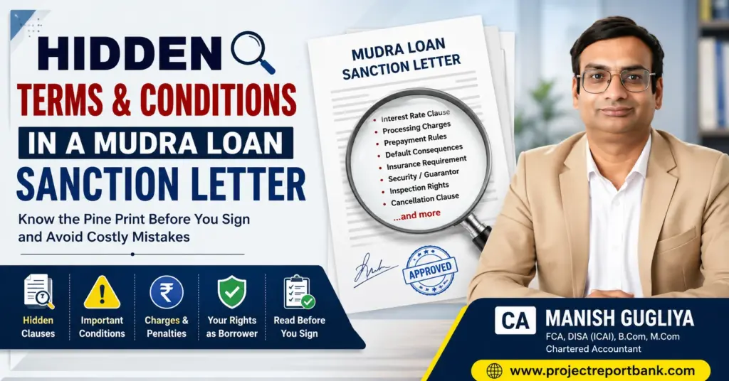 Hidden Terms and Conditions in a Mudra Loan Sanction Letter feature image showing a sanction letter with highlighted clauses, magnifying glass, and CA Manish Gugliya explaining important borrower conditions on ProjectReportBank.