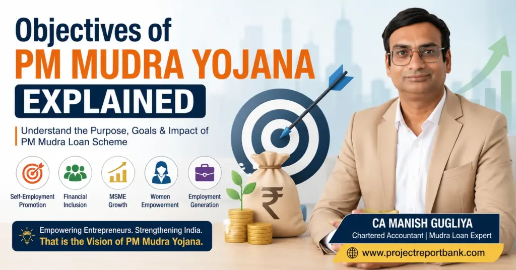 Objectives of PM Mudra Yojana Explained Feature Image Objectives of PM Mudra Yojana Explained infographic by CA Manish Gugliya showing the purpose, goals, financial inclusion, MSME growth, women empowerment, employment generation, and self-employment under the PM Mudra Loan Scheme.