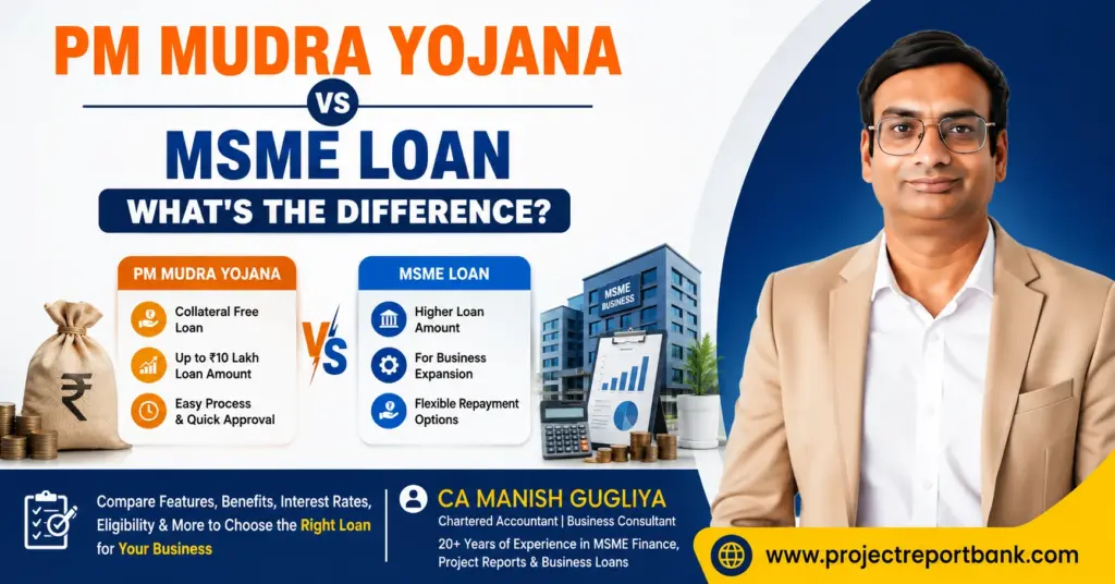 PM Mudra Yojana vs MSME Loan comparison by CA Manish Gugliya explaining differences in eligibility, loan amount, collateral, benefits, and business financing options for Indian entrepreneurs.