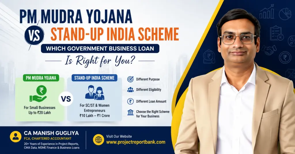 PM Mudra Yojana vs Stand Up India Scheme1 PM Mudra Yojana vs Stand-Up India Scheme comparison by CA Manish Gugliya explaining eligibility, loan amount, and the best government business loan for Indian entrepreneurs