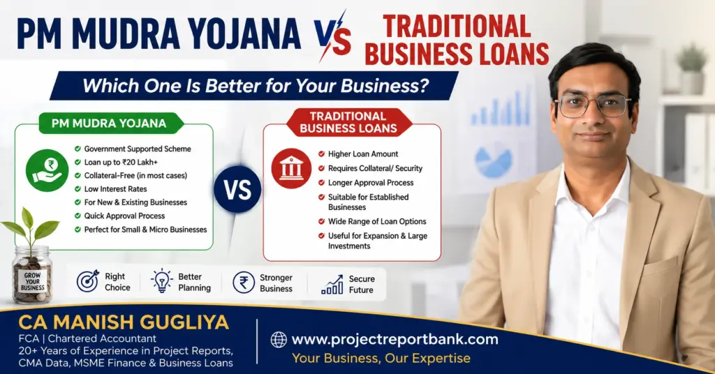 PM Mudra Yojana vs Traditional Business Loans comparison infographic featuring CA Manish Gugliya, explaining differences in eligibility, collateral, loan amount, interest rates, and business financing options for MSMEs and entrepreneurs.