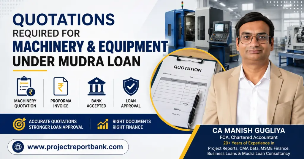 Quotations Required for Machinery Equipment Under Mudra Loan Quotations required for machinery and equipment under Mudra Loan explained by CA Manish Gugliya with machinery, quotation document, proforma invoice, bank approval, and ProjectReportBank branding.