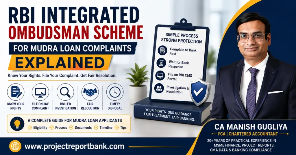 RBI Integrated Ombudsman Scheme for Mudra Loan Complaints explained by CA Manish Gugliya with complaint process and applicant rights guide