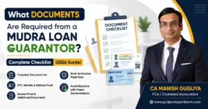 What Documents Are Required from a Mudra Loan Guarantor? Complete Checklist 2026 by CA Manish Gugliya featuring document checklist, Aadhaar, PAN card, and guarantor KYC requirements.