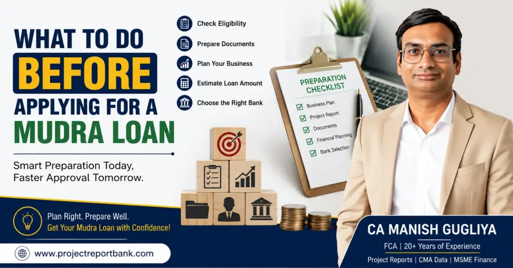 What to Do Before Applying for a Mudra Loan feature image showing CA Manish Gugliya with a Mudra loan preparation checklist, business planning, document verification, eligibility check, and ProjectReportBank.com guidance for first-time applicants.