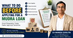 What to Do Before Applying for a Mudra Loan feature image showing CA Manish Gugliya with a Mudra loan preparation checklist, business planning, document verification, eligibility check, and ProjectReportBank.com guidance for first-time applicants.