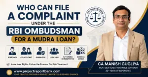Who can file a complaint under the RBI Ombudsman for a Mudra Loan? Feature image showing CA Manish Gugliya with borrower, co-applicant, guarantor, legal heir, authorized representative, and business owner eligibility icons.