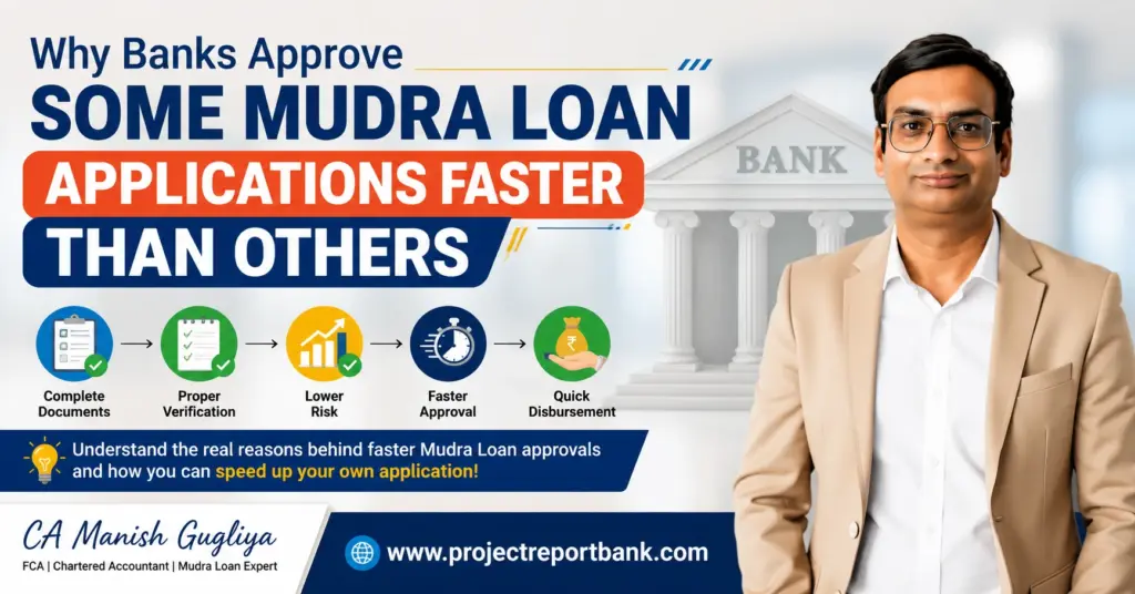Why Banks Approve Some Mudra Loan Applications Faster Than Others – feature image showing CA Manish Gugliya with a bank background, highlighting complete documents, proper verification, lower risk, faster approval, and quick Mudra Loan disbursement.