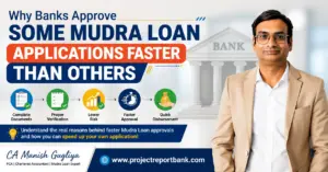 Why Banks Approve Some Mudra Loan Applications Faster Than Others – feature image showing CA Manish Gugliya with a bank background, highlighting complete documents, proper verification, lower risk, faster approval, and quick Mudra Loan disbursement.