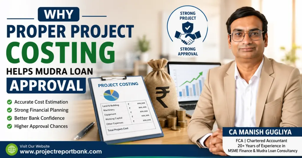 Feature image for 'Why Proper Project Costing Helps Mudra Loan Approval' showing CA Manish Gugliya with a project costing clipboard, financial growth chart, rupee money bag, and key benefits of accurate project costing for faster Mudra loan approval. ProjectReportBank.com.