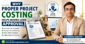 Feature image for 'Why Proper Project Costing Helps Mudra Loan Approval' showing CA Manish Gugliya with a project costing clipboard, financial growth chart, rupee money bag, and key benefits of accurate project costing for faster Mudra loan approval. ProjectReportBank.com.
