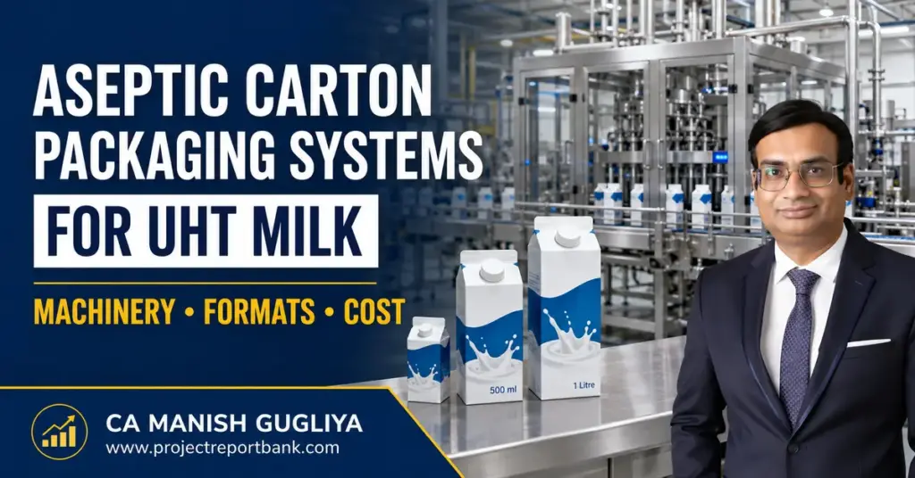 Aseptic carton packaging systems for UHT milk showing filling machinery, carton formats and CA Manish Gugliya.