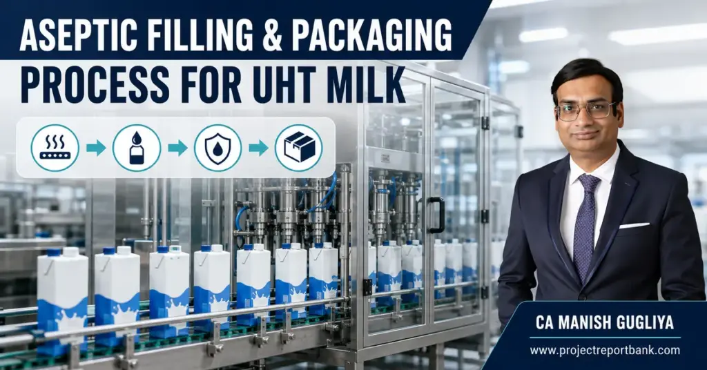 Aseptic filling and packaging process for UHT milk featuring modern dairy machinery and CA Manish Gugliya of ProjectReportBank.com.