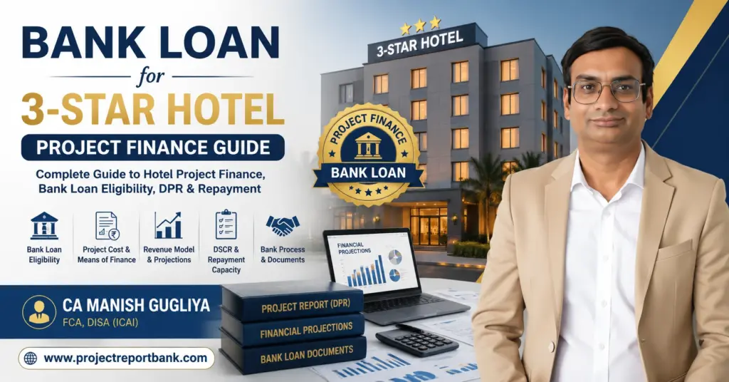 Bank Loan for 3-Star Hotel Project Finance Guide by CA Manish Gugliya covering hotel loan eligibility, DPR, project cost, financial projections and repayment capacity.