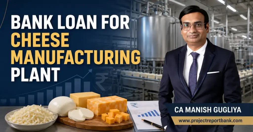 Bank loan for cheese manufacturing plant featuring CA Manish Gugliya with industrial cheese production machinery and project finance concept.