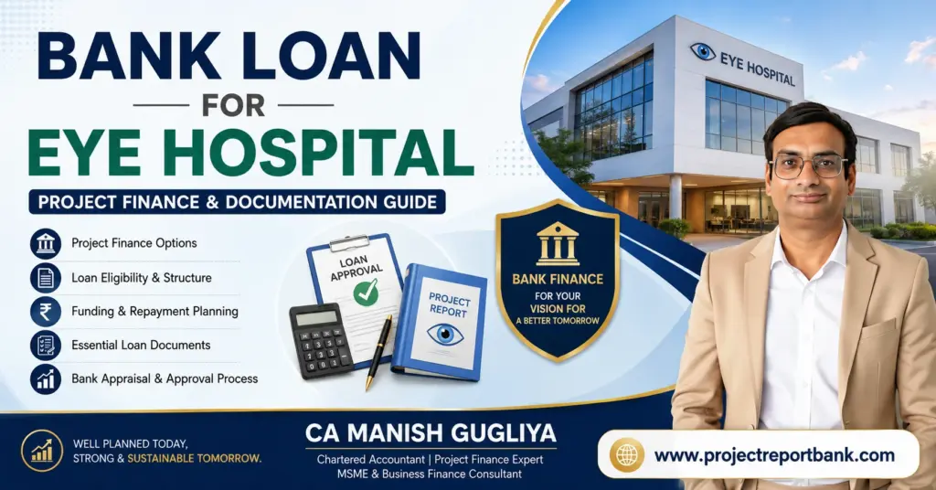 Bank Loan for Eye Hospital project finance and documentation guide by CA Manish Gugliya, covering loan eligibility, funding, repayment planning and bank documentation.