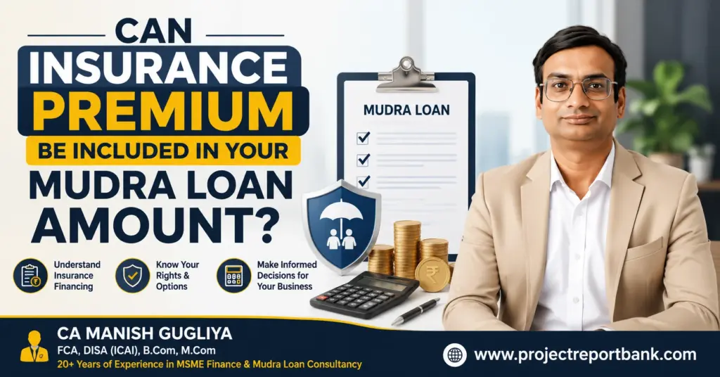 Can Insurance Premium Be Included in Your Mudra Loan Amount? – CA Manish Gugliya explaining Mudra loan insurance financing with business loan documents and insurance shield.