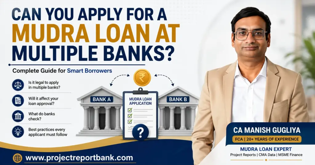 Can You Apply for a Mudra Loan at Multiple Banks? Feature image showing CA Manish Gugliya with illustrations of two banks, a Mudra loan application form, and key questions about applying to multiple banks, loan approval, bank verification, and best practices for Mudra Loan applicants.