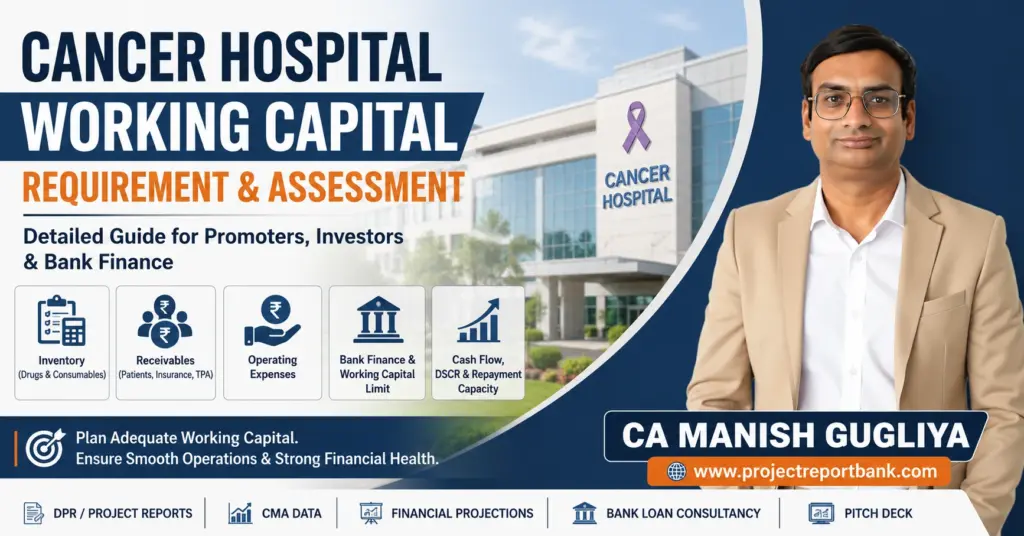 Cancer Hospital Working Capital Requirement & Assessment guide by CA Manish Gugliya covering inventory, receivables, operating expenses, bank finance, cash flow and DSCR.