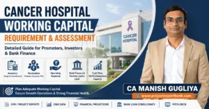 Cancer Hospital Working Capital Requirement & Assessment guide by CA Manish Gugliya covering inventory, receivables, operating expenses, bank finance, cash flow and DSCR.
