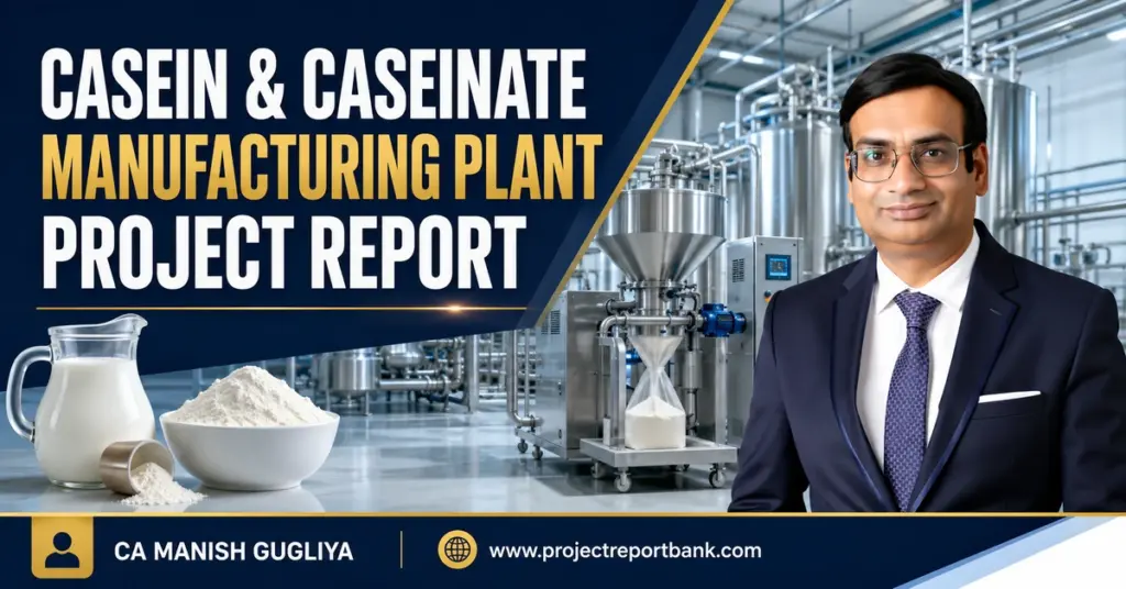 Casein and Caseinate Manufacturing Plant Project Report by CA Manish Gugliya featuring a modern dairy processing facility.