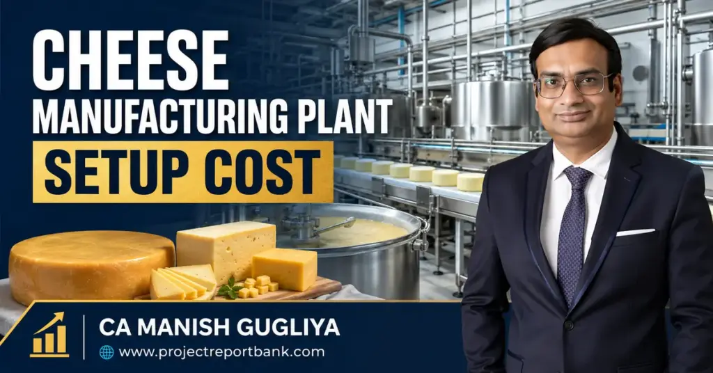 Cheese manufacturing plant setup cost in India featuring CA Manish Gugliya and a modern industrial cheese processing facility.