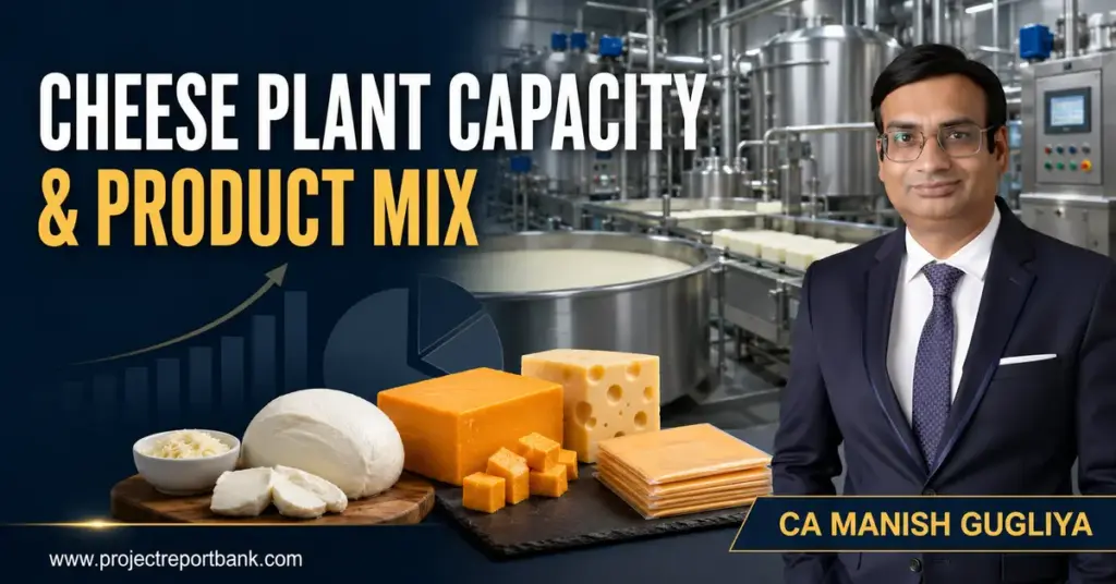 Cheese Plant Capacity and Product Mix guide featuring an industrial cheese processing facility and CA Manish Gugliya of ProjectReportBank.com.